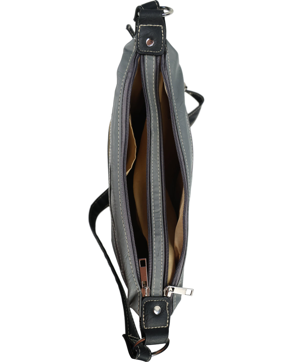 A gray faux-leather crossbody bag with a black adjustable strap, silver metal hardware, and a tan interior lining, shown open against a white background.
