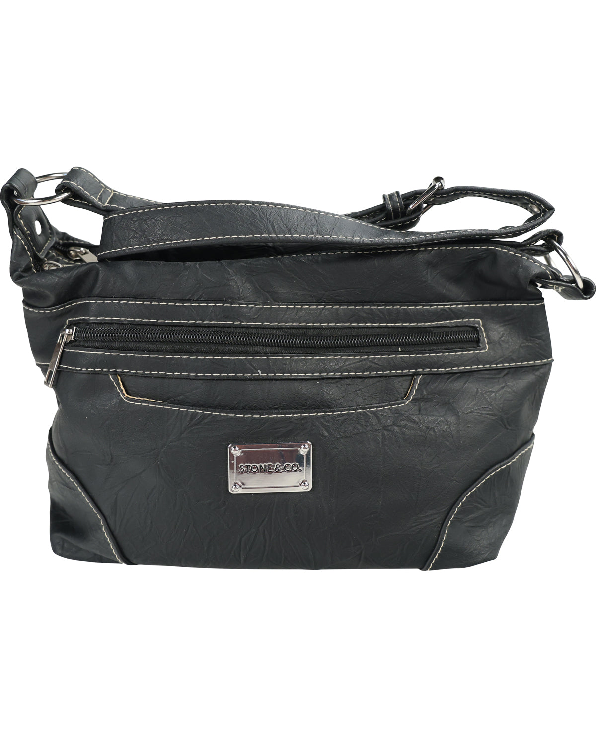 Black faux-leather shoulder bag with white contrast stitching, a front zippered pocket, and a silver-tone brand plate reading 'STONE & CO'.