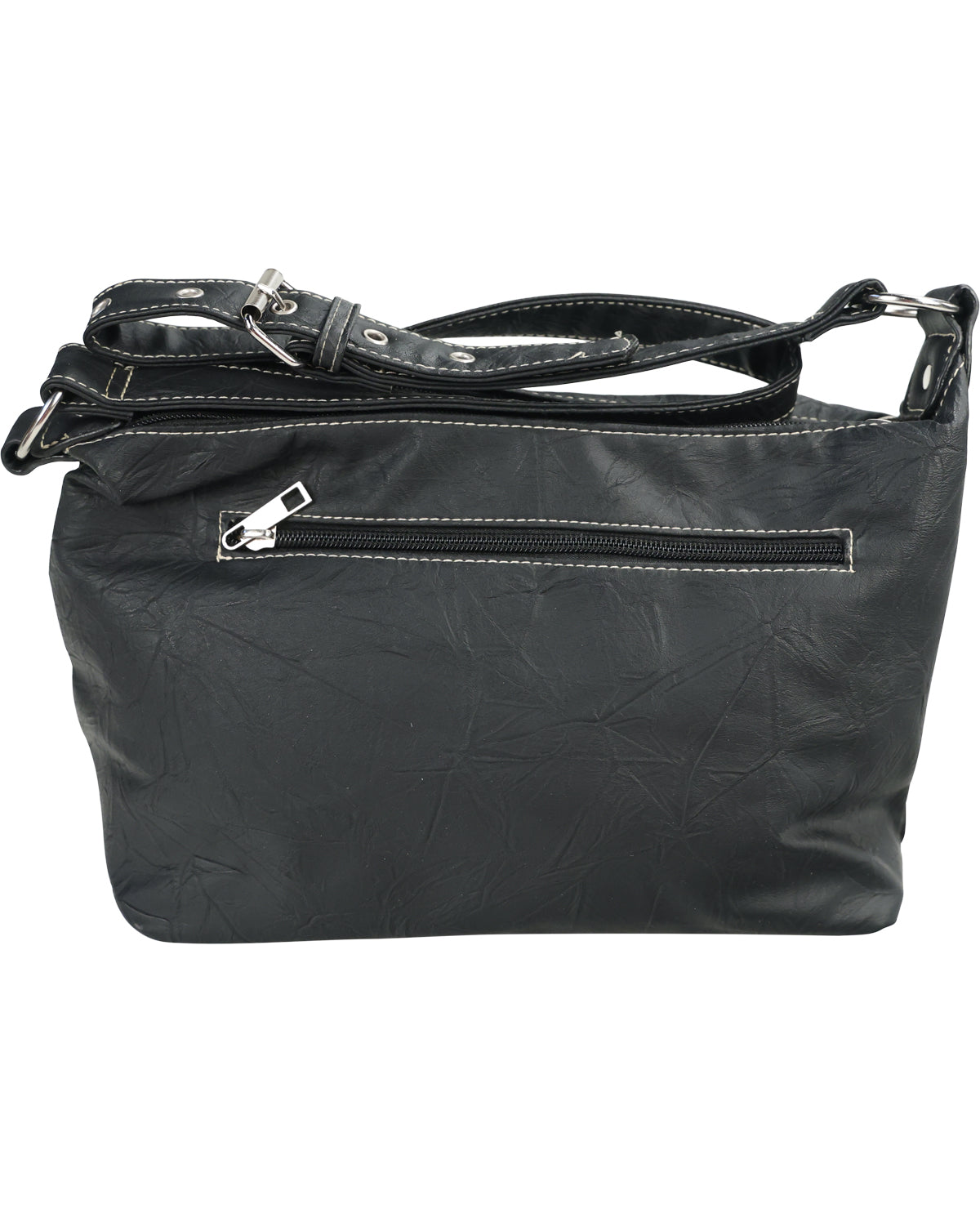 Black faux-leather shoulder bag with a front zippered pocket, black adjustable strap, and silver-tone hardware, shown against a plain white background.