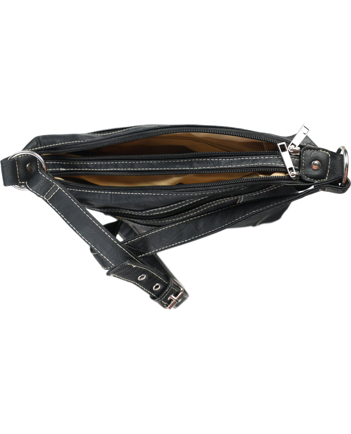 Black faux-leather crossbody bag with white contrast stitching, shown open to reveal a tan interior lining and multiple zip compartments, on a white background.