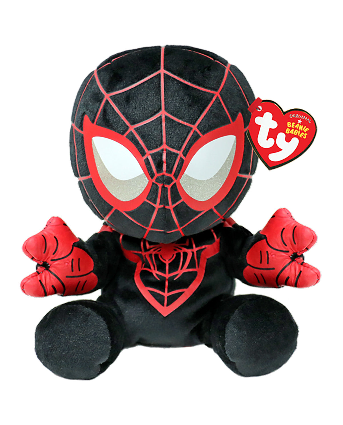 Ty Beanie Babies Spider-Man plush toy in a seated position, featuring a black and red spider-themed costume with white eyes, a red heart-shaped patch on the chest, and a red Ty heart hangtag.