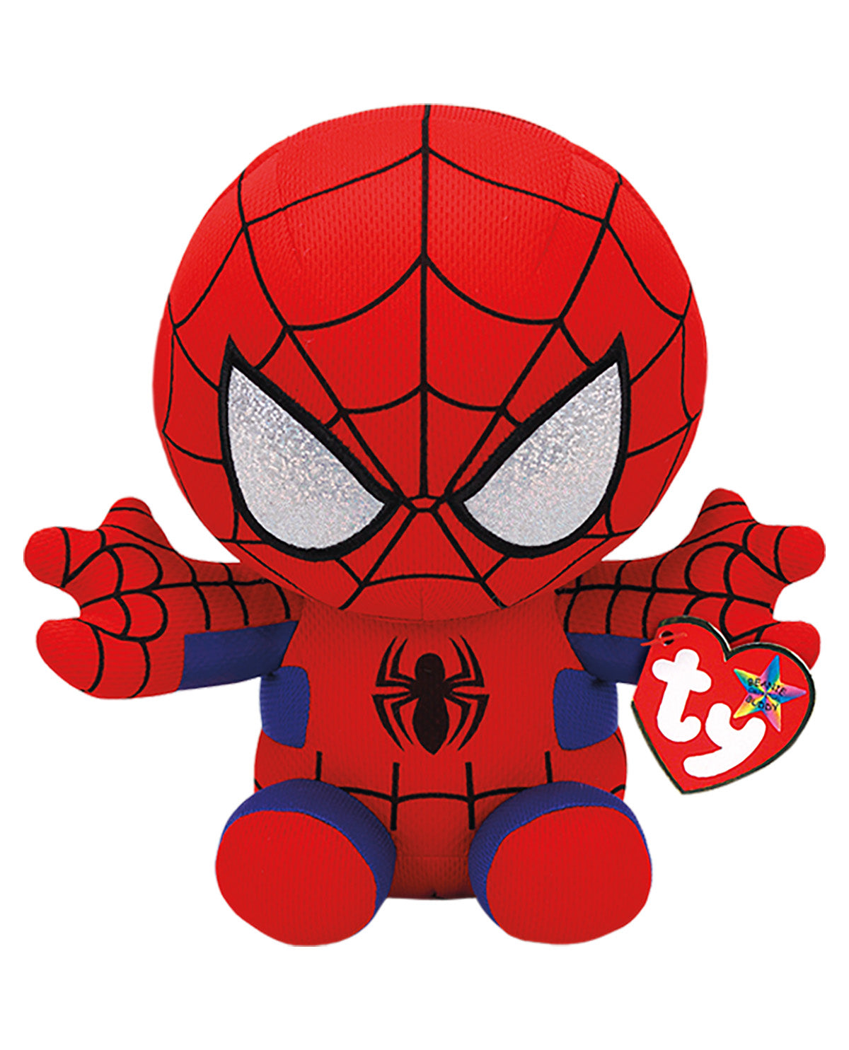 Ty Beanie Baby Spider-Man plush toy in red and blue with black web details, featuring a heart-shaped Ty hangtag on the right side, set against a plain white background.