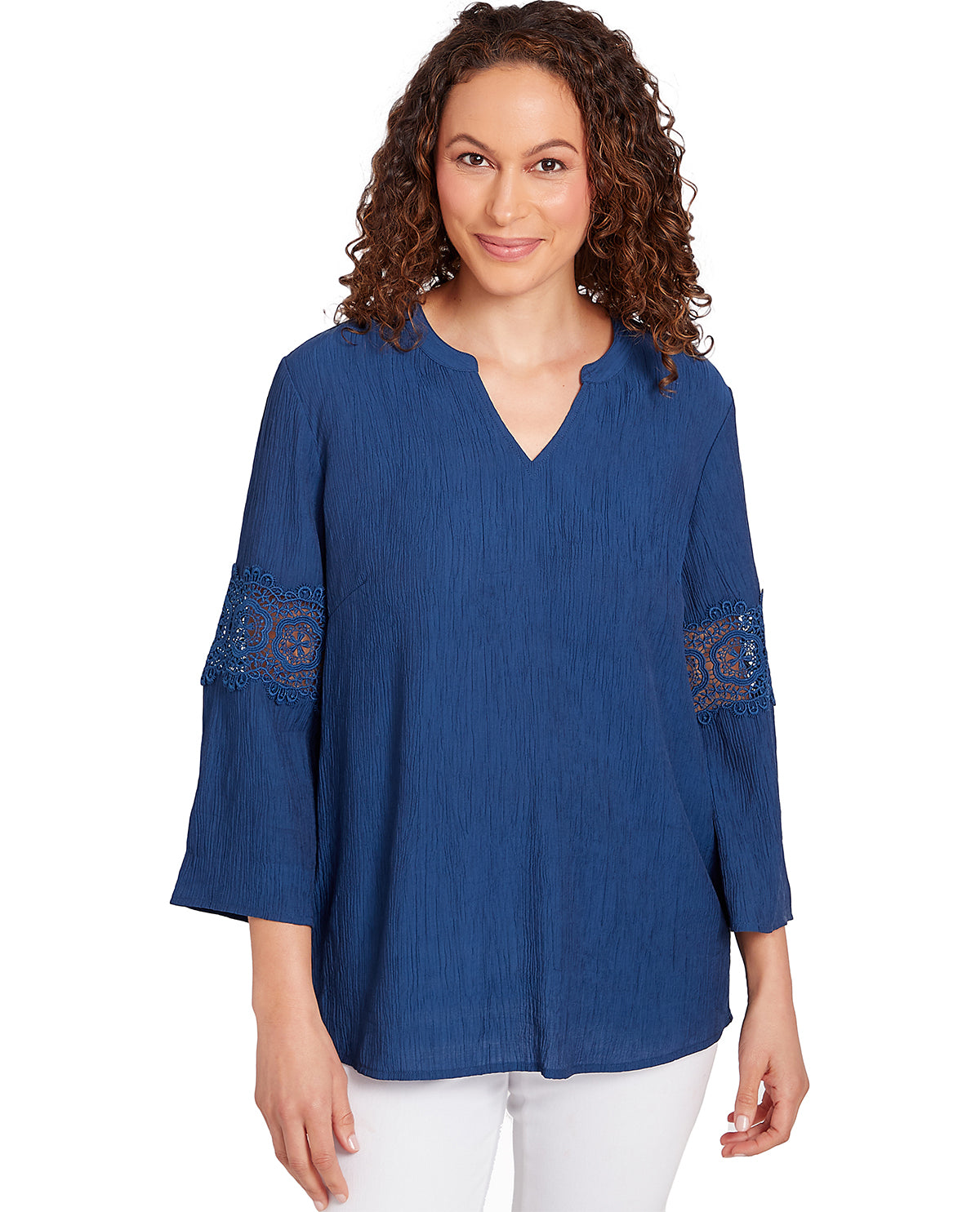 Ruby Road Split V-Neck Lace Inset 3/4 Sleeve Woven Gauze Top