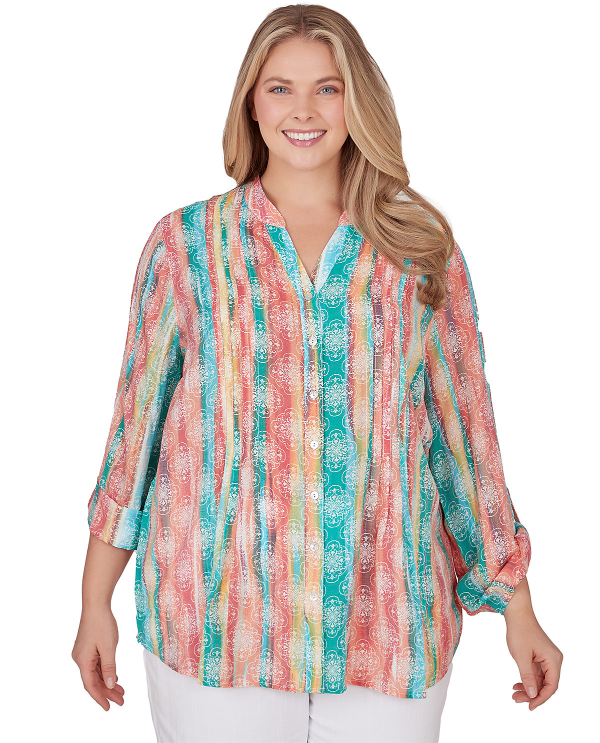 Ruby Road Plus Collared Watercolor Abstract Stripe Blouse