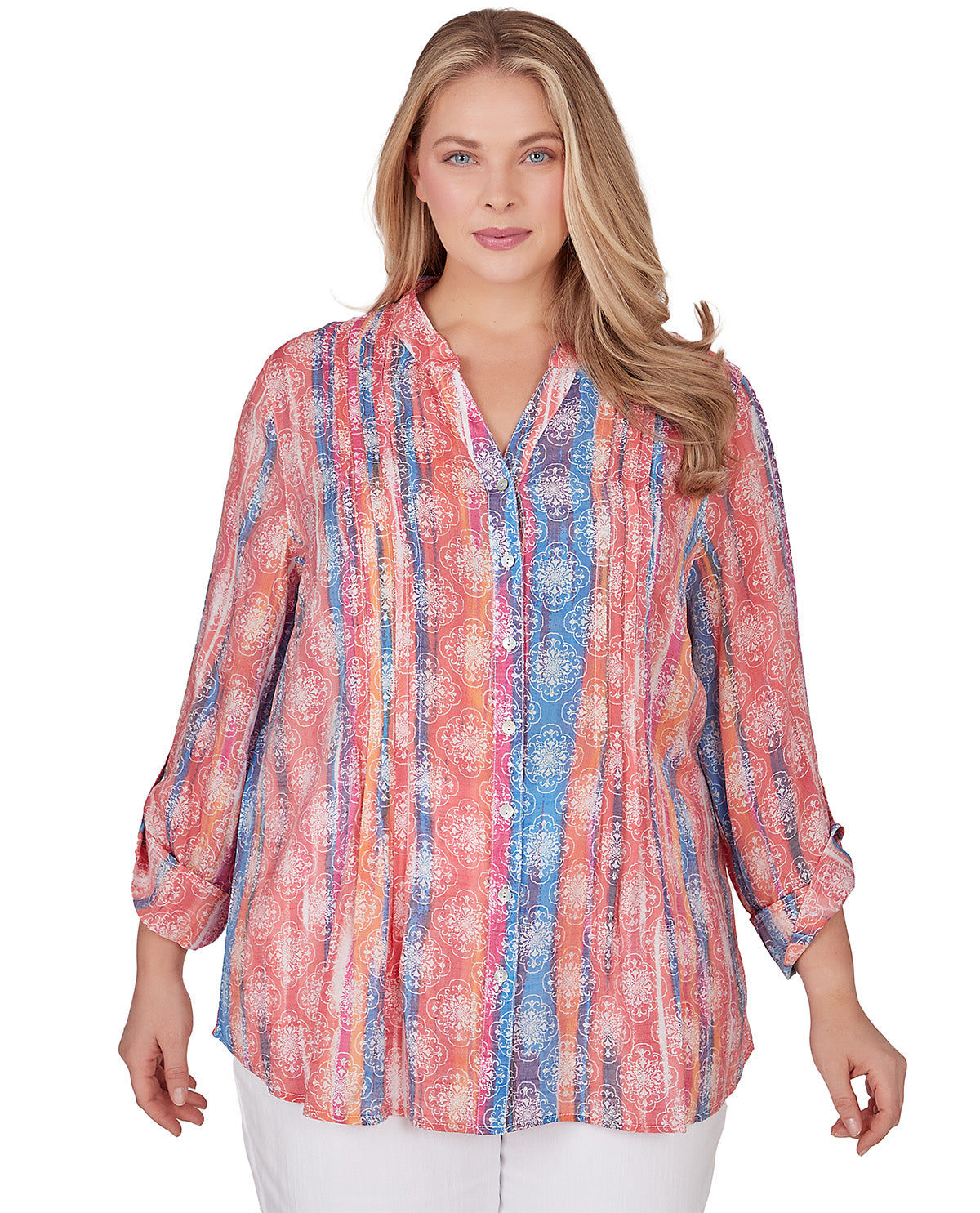 Ruby Road Plus Collared Watercolor Abstract Stripe Blouse