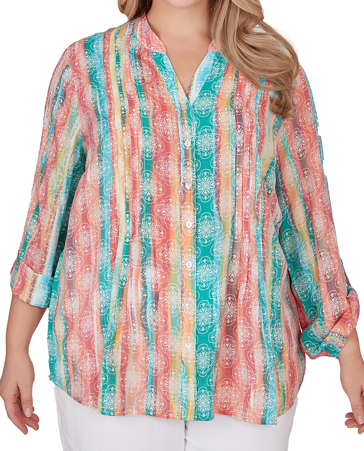 Ruby Road Plus Collared Watercolor Abstract Stripe Blouse