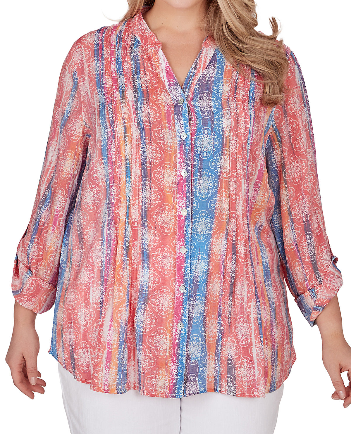 Ruby Road Plus Collared Watercolor Abstract Stripe Blouse