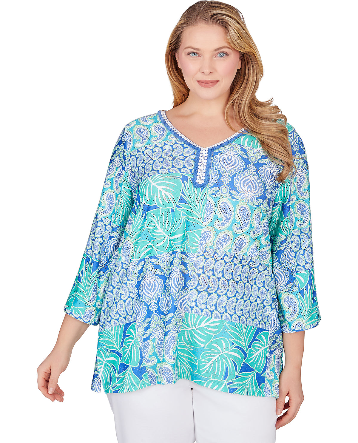 Ruby Road Plus Bali Blue Printed Eyelet V-Neck Top