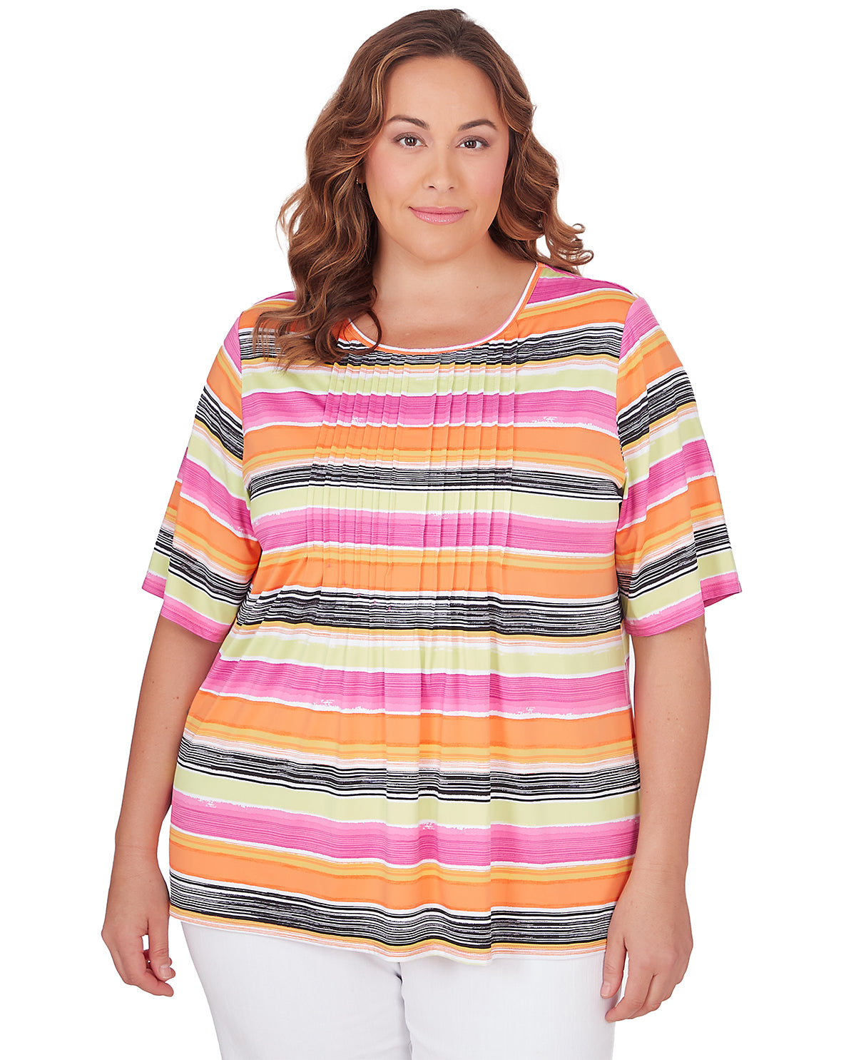 RUBY ROAD PRINTED STRIPE SHORT SLEEVE TOP