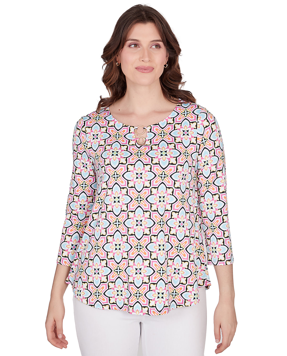 Ruby Road Petite Tropical Twist Long Sleeve Abstract Floral Knit Top