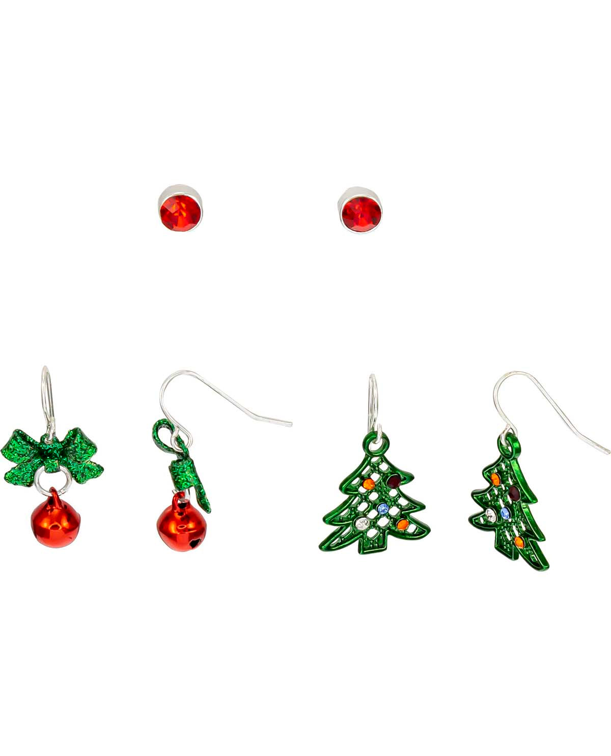 A set of six Christmas-themed dangle earrings on a plain white background. The set includes a pair of red stud earrings and three pairs of hook earrings: one with a green glitter bow and red jingle bell, one with a green glitter holly leaf and red jingle bell, and two with green glitter Christmas tree silhouettes decorated with small orange and red accents.