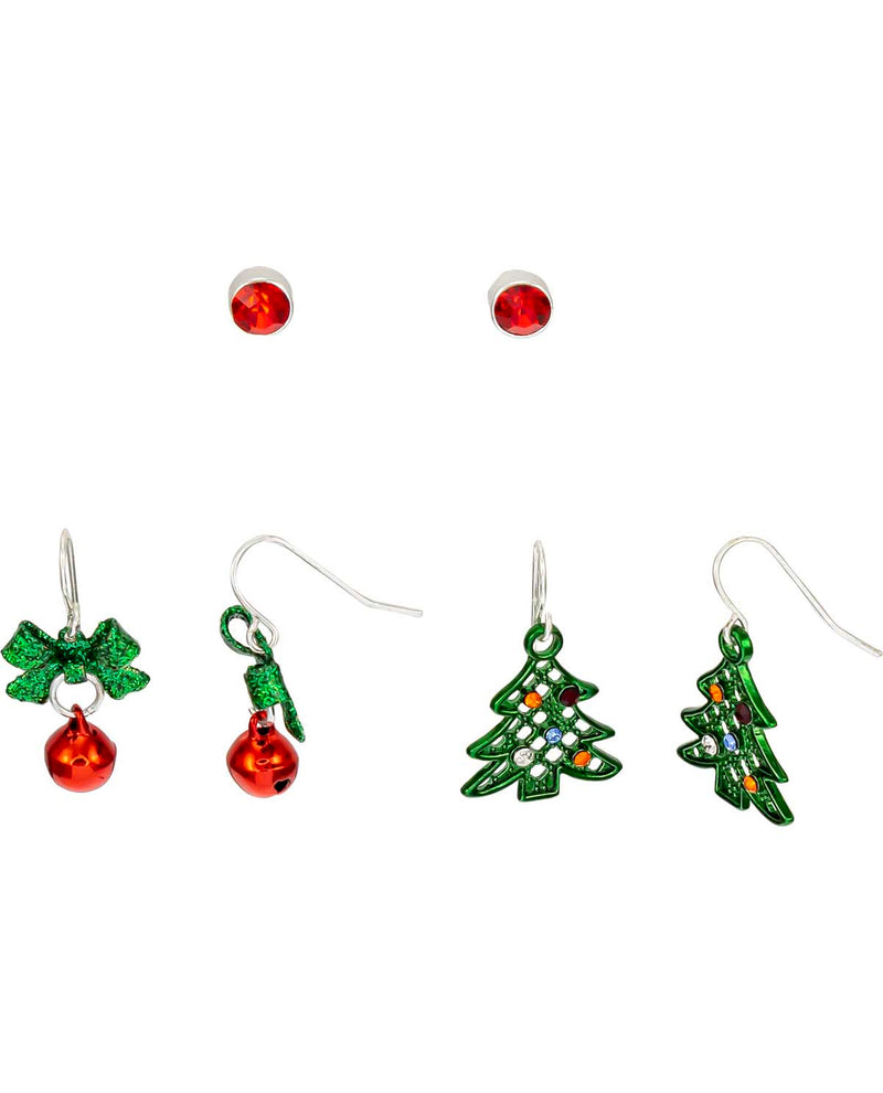 A set of six Christmas-themed dangle earrings on a plain white background. The set includes a pair of red stud earrings and three pairs of hook earrings: one with a green glitter bow and red jingle bell, one with a green glitter holly leaf and red jingle bell, and two with green glitter Christmas tree silhouettes decorated with small orange and red accents.