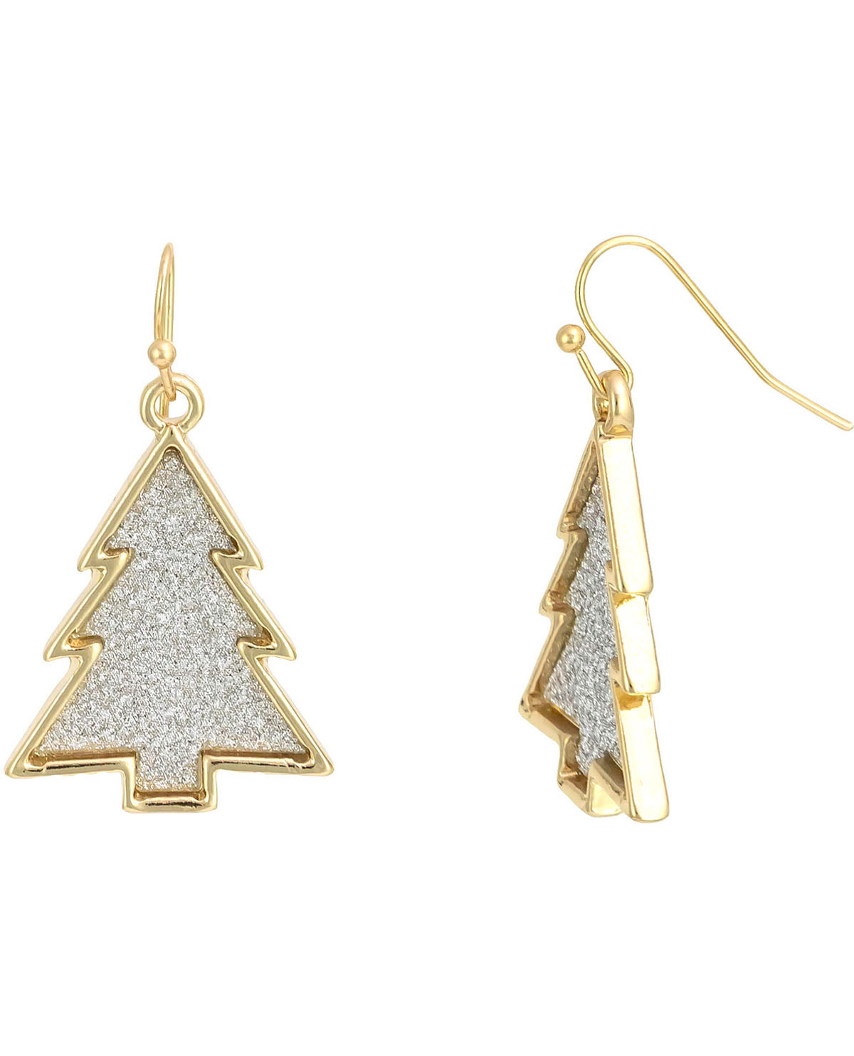 A pair of gold tree-shaped drop earrings with a textured silver center, shown on a plain white background.