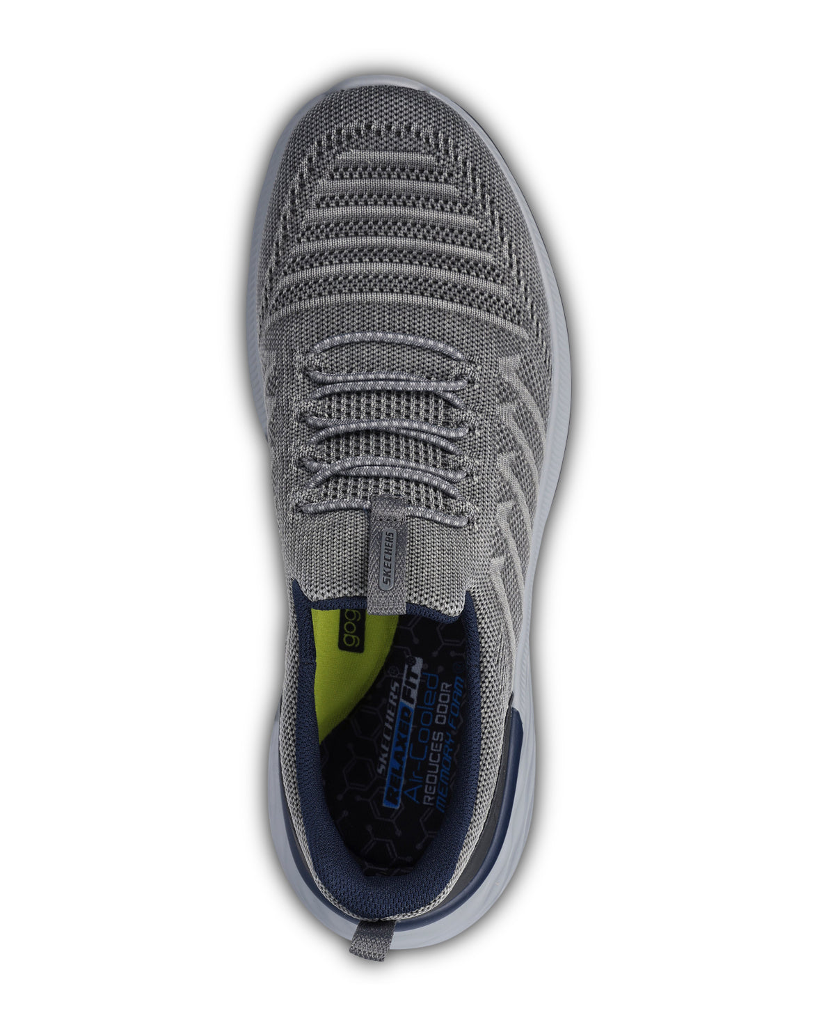 Gray athletic shoe with blue sole on a white background