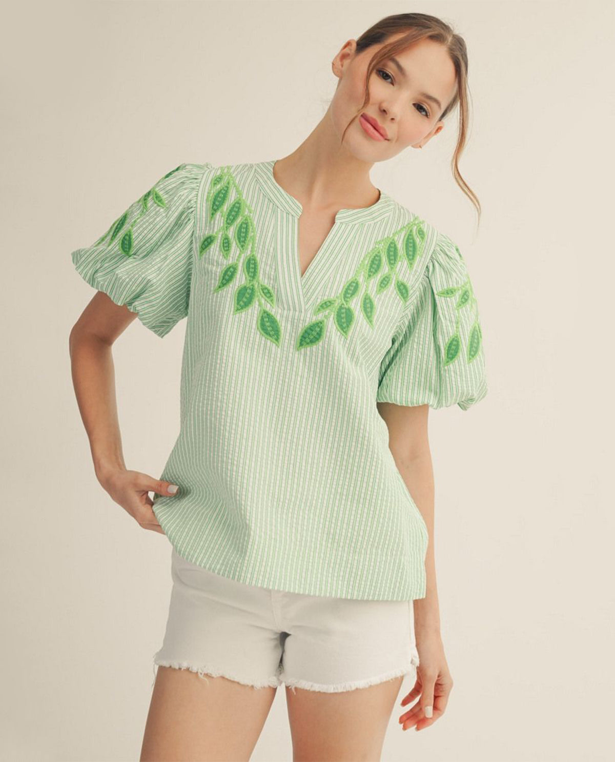 Jodifl Stripe Top With Embroidered Applique Green