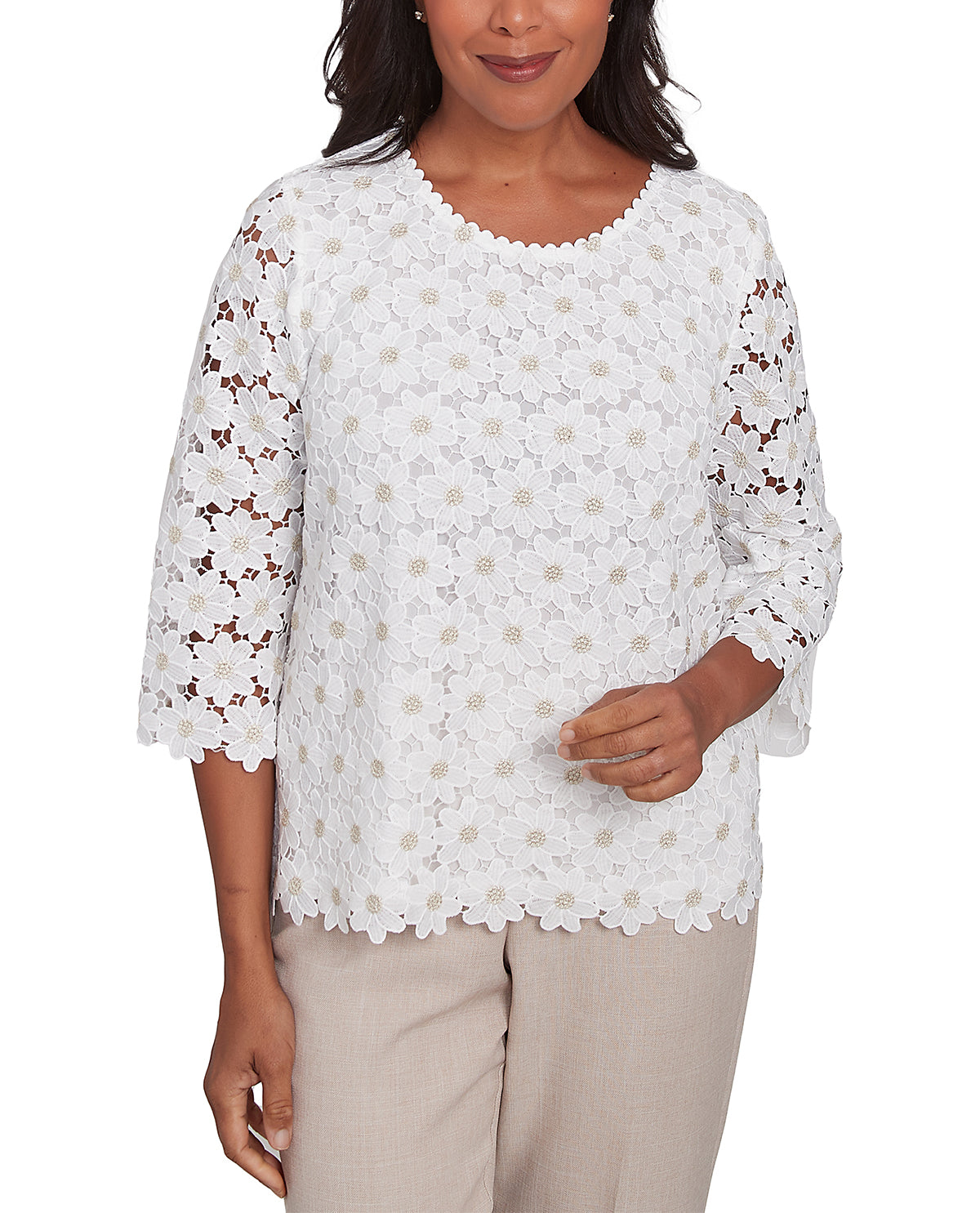 Alfred Dunner Kensington Garden Petite Woven Lace Top Ivory