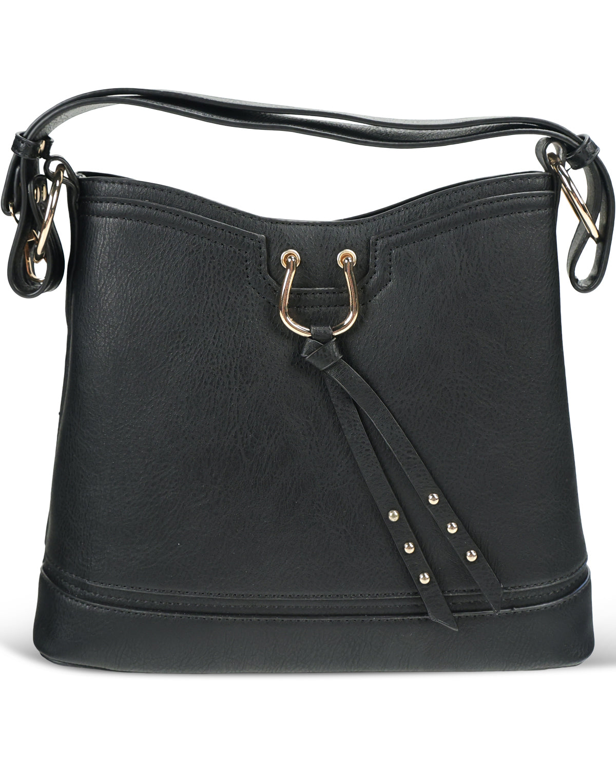 A black faux-leather shoulder bag with a curved top, a front tassel detail, and gold-tone hardware accents, shown against a plain white background.