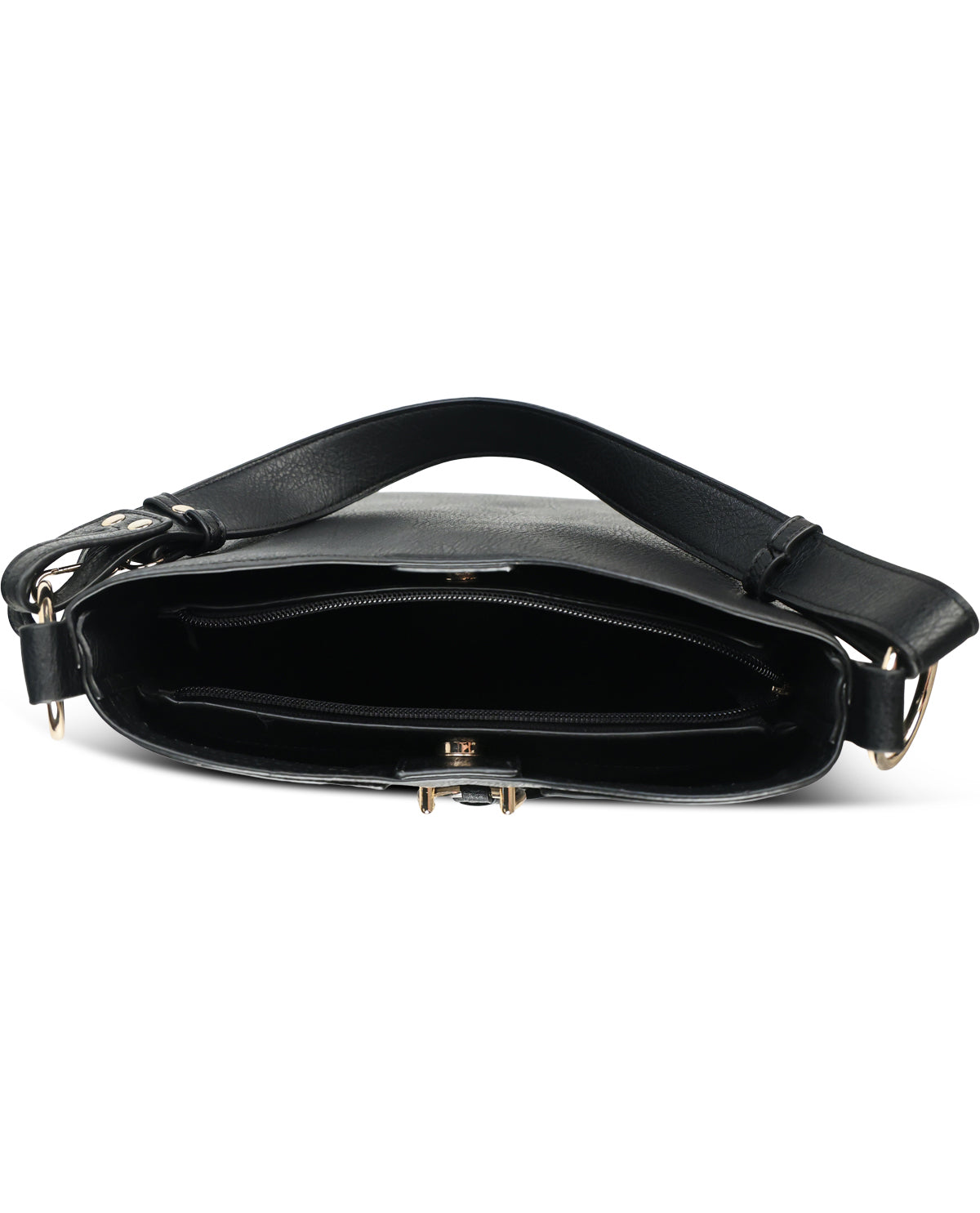 Black leather shoulder bag with a wide adjustable strap and gold-tone hardware, shown from a top-down view on a white background.