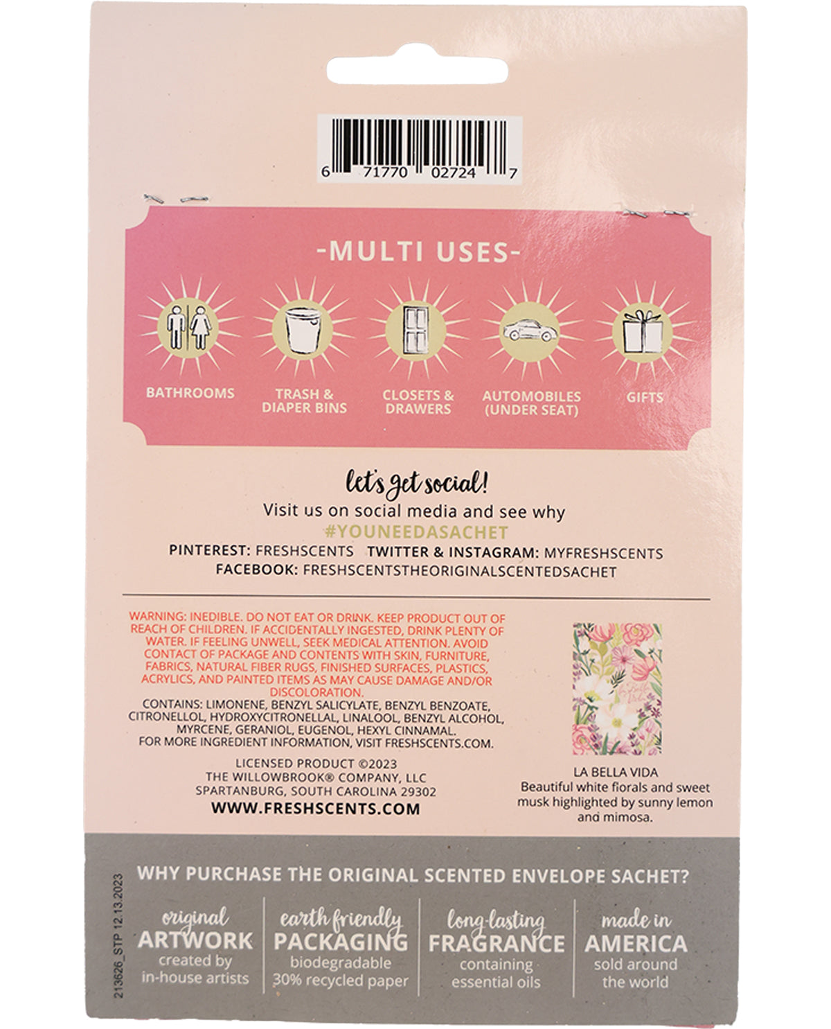 The back of a Fresh Scents Freshly Scented multi-use scented envelope sachet box, featuring a pink section with usage icons, a barcode, and a gray section with product benefits and brand information.
