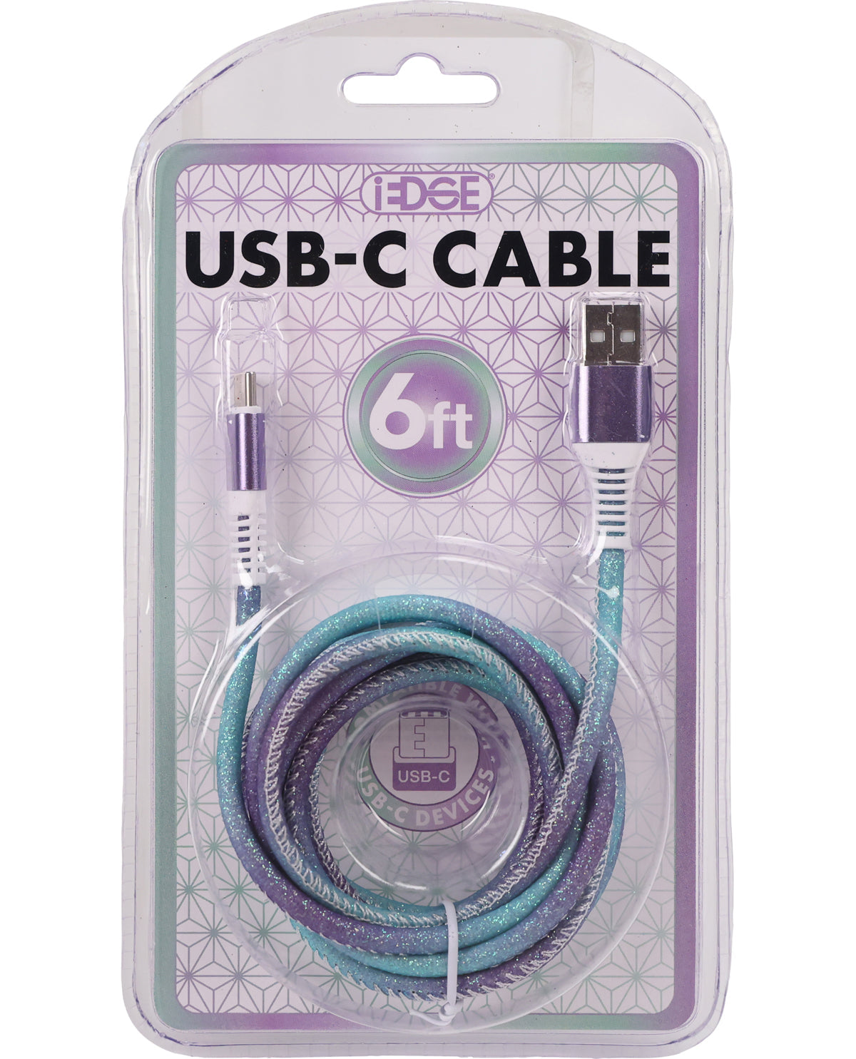 EDGE brand 6ft USB-C cable in a clear blister pack with a purple and teal patterned card backing, showing the USB-A to USB-C connector ends.