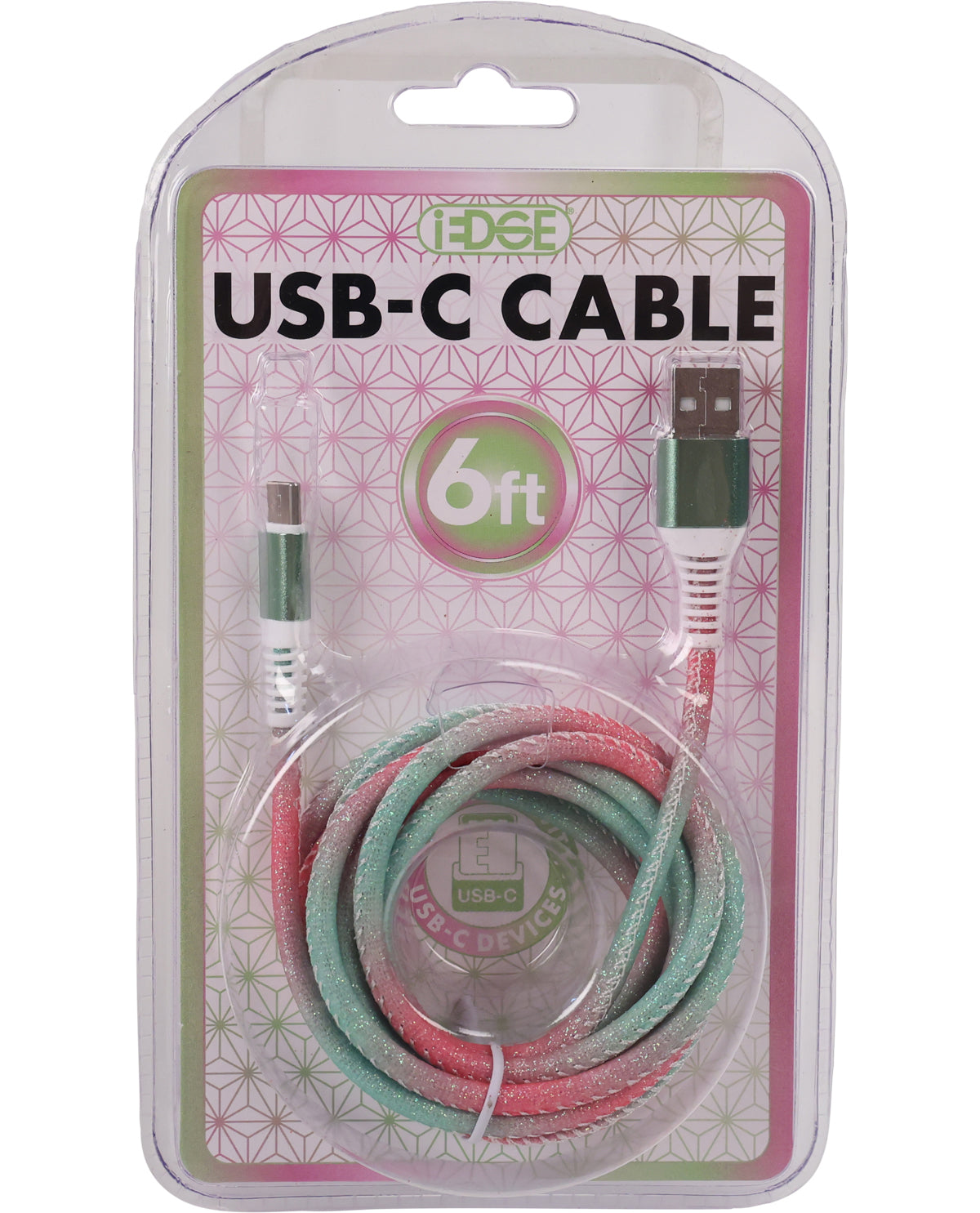 A packaged USB-C cable by iEDGE, shown in its clear blister pack with a printed backing card. The cable is coiled inside and has a glittery pastel color scheme of mint green and pink.