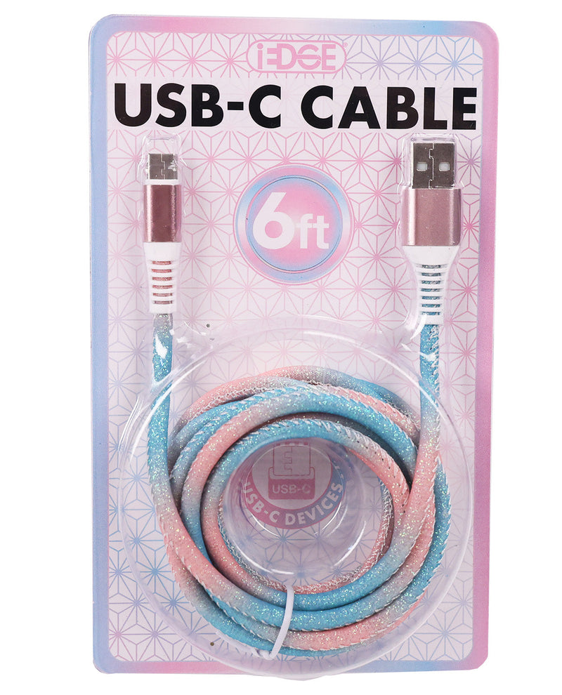 EDGE brand 6ft USB-C cable in a pink and blue gradient braided design, packaged in a clear blister pack with a decorative pink and blue card backing.