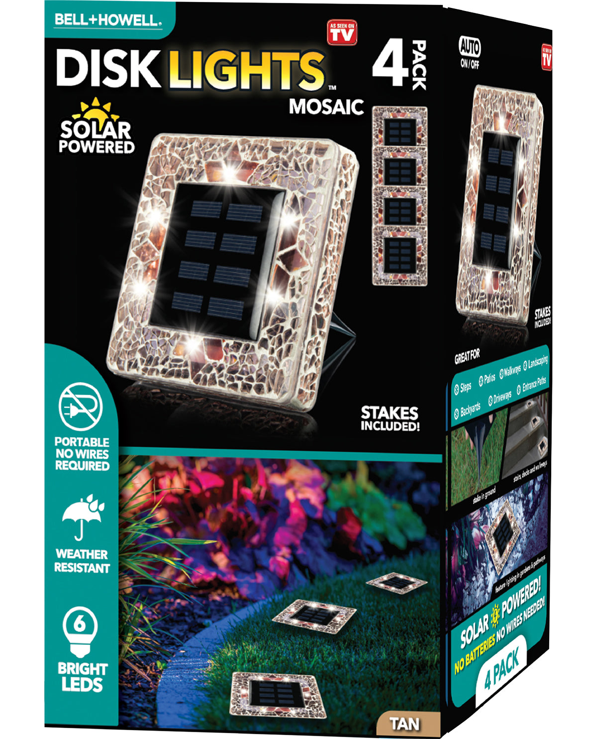 Bell+Howell Solar Powered Square Disk Lights with Light Brown Mosaic Glass (4-Pack)