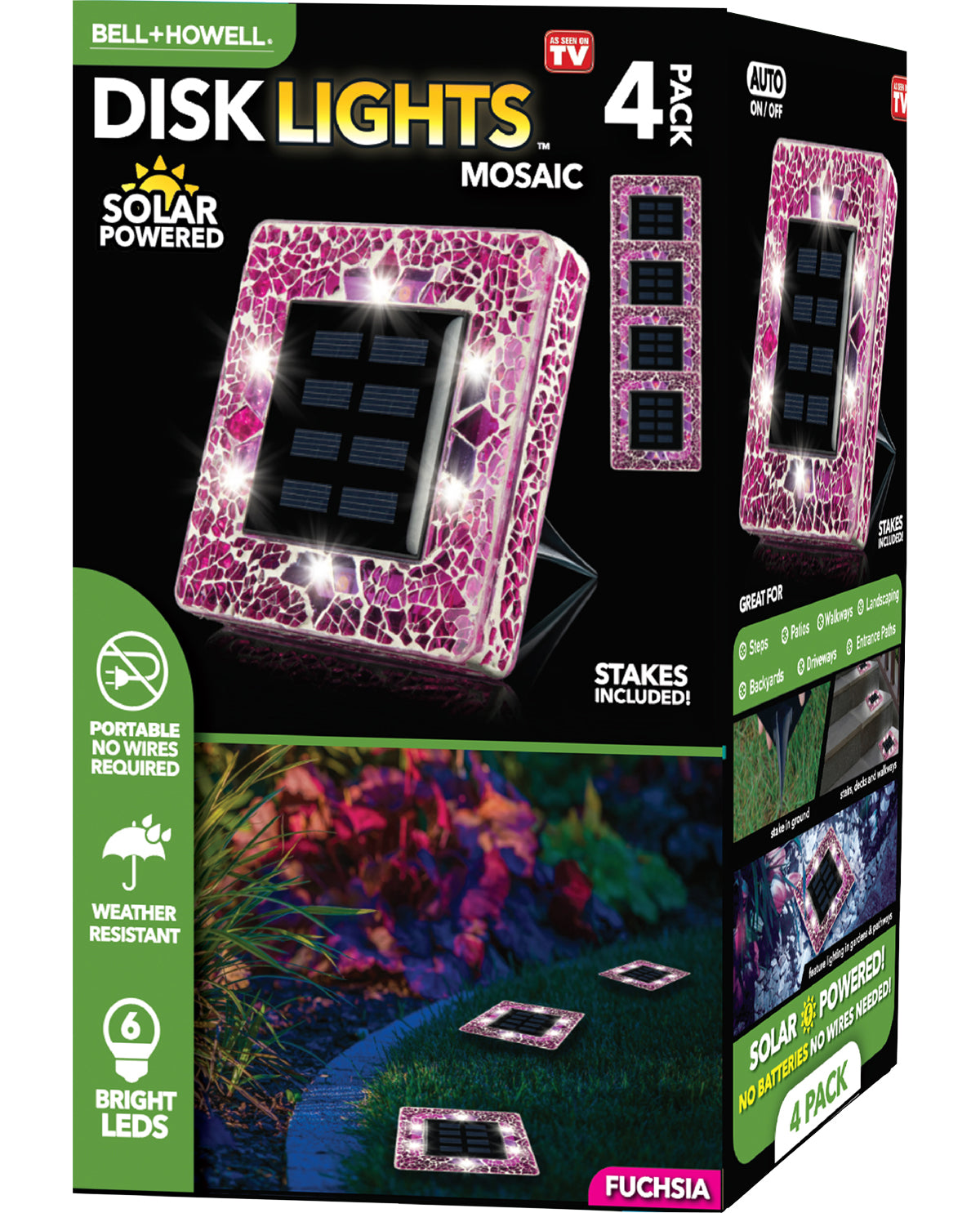 Bell+Howell Solar Powered Square Disk Lights with Fuchsia Mosaic Glass (4-Pack)