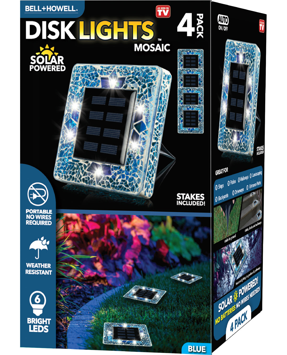 Bell+Howell Solar Powered Square Disk Lights with Blue Mosaic Glass (4-Pack)