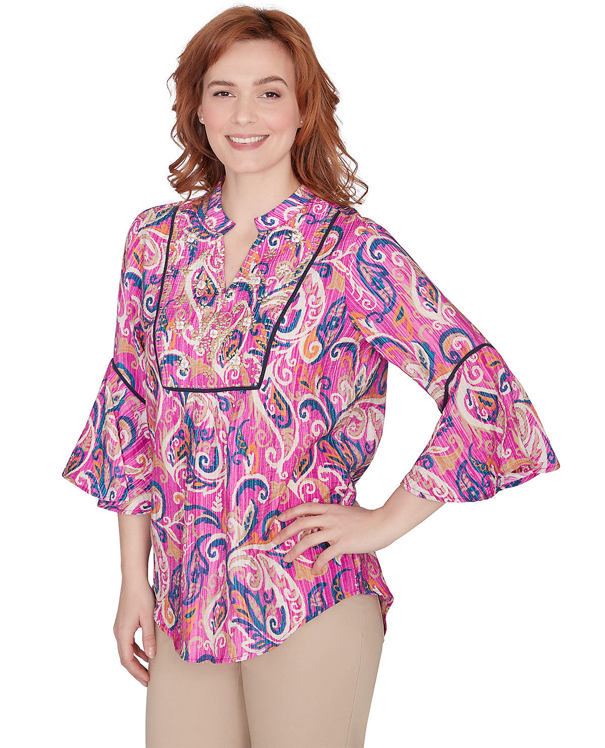 Ruby Road Missy Global Luxe 3/4 Sleeve Embellished Paisley Top