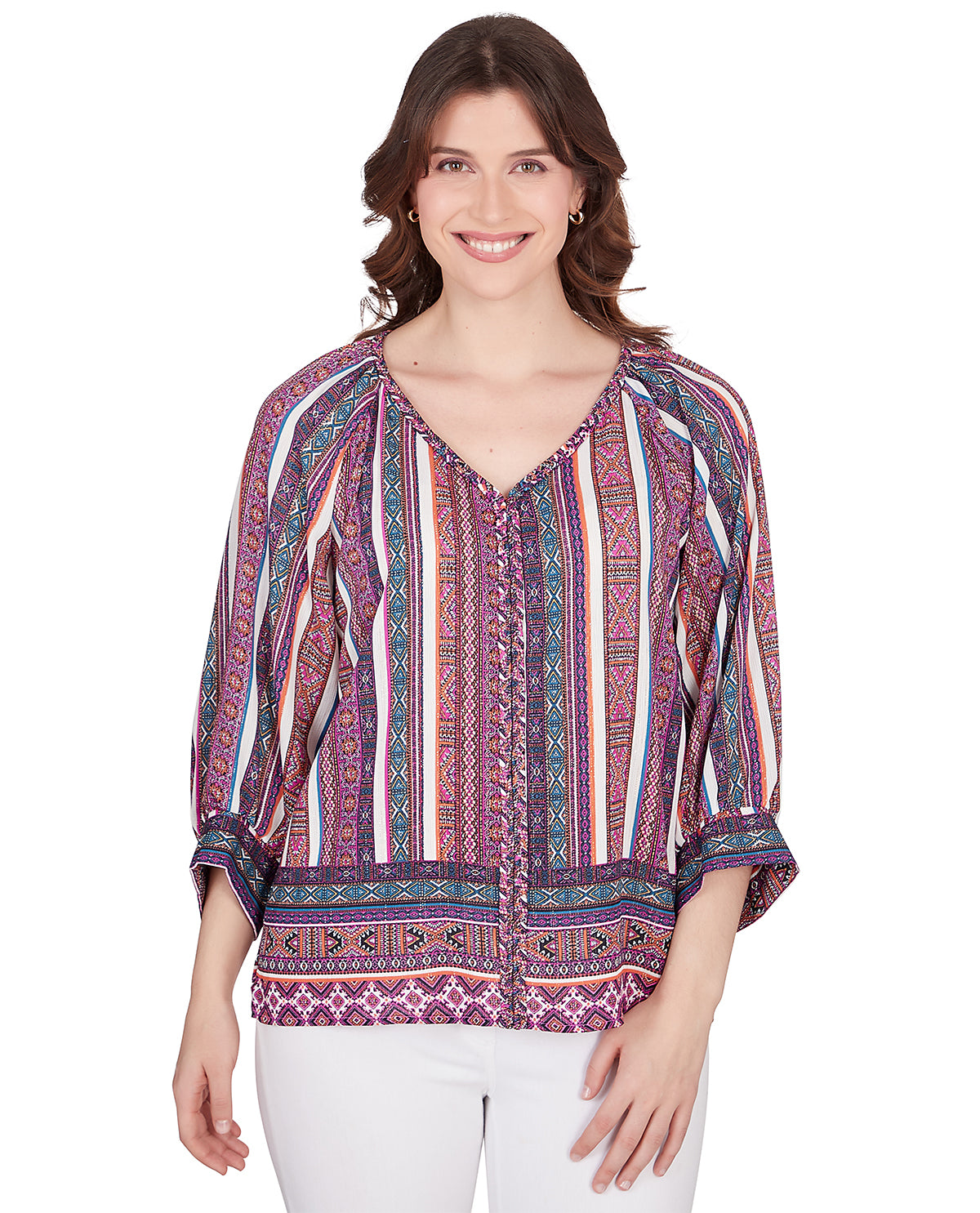 Ruby Road Missy Global Luxe 3/4 Sleeve Crinkle Dahlia Abstract Top