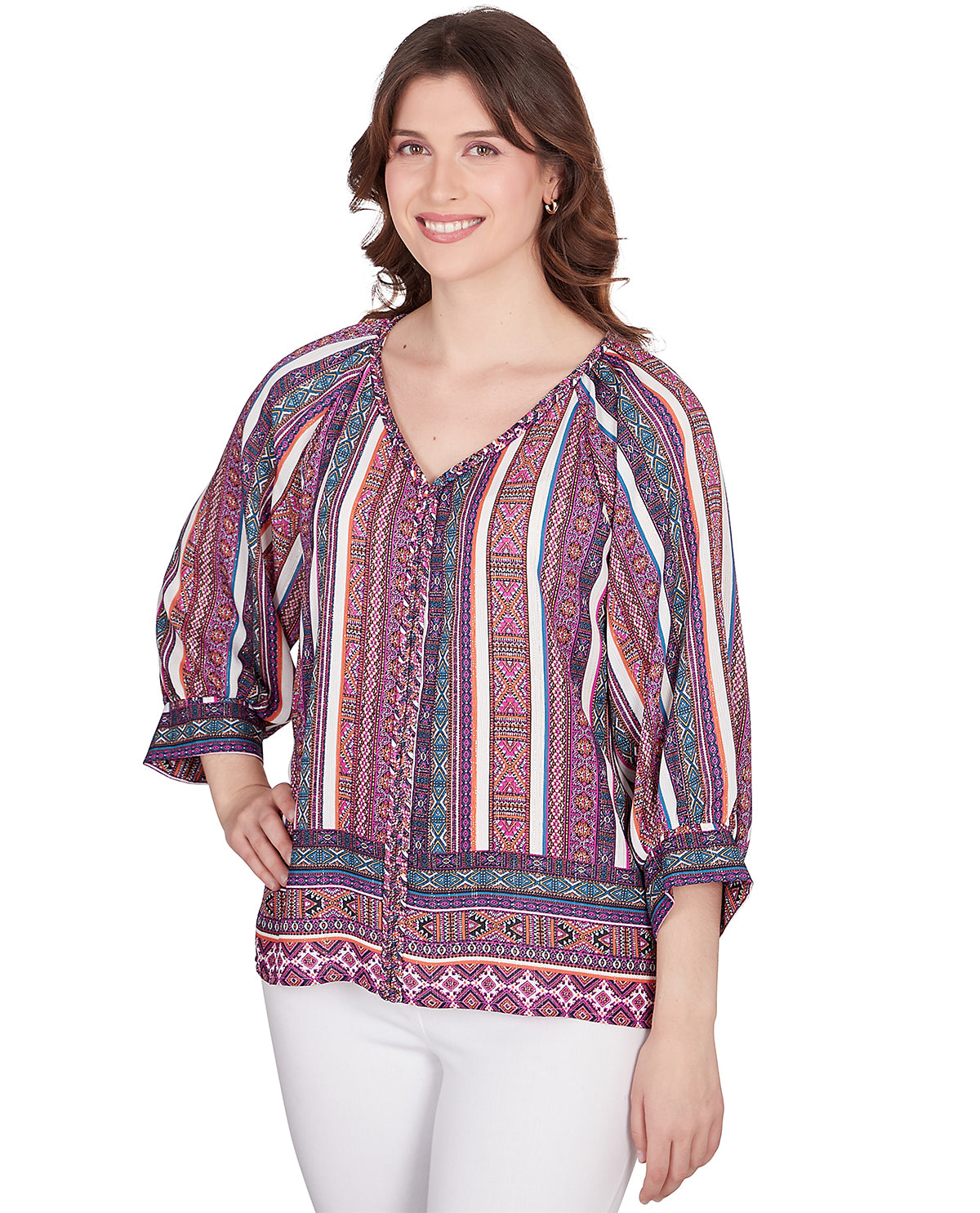 Ruby Road Missy Global Luxe 3/4 Sleeve Crinkle Dahlia Abstract Top