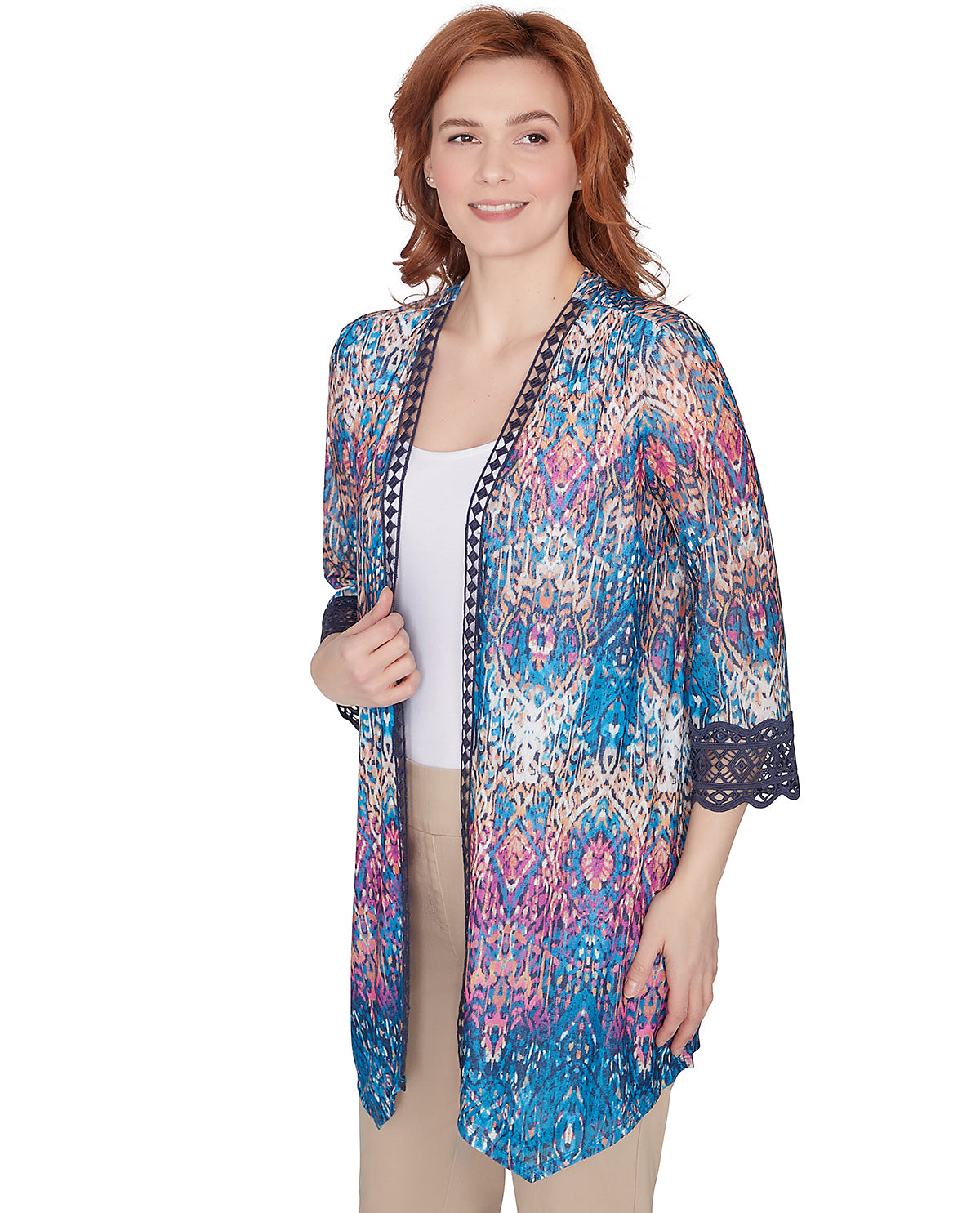 Ruby Road Missy Global Luxe 3/4 Print Mesh Cardigan