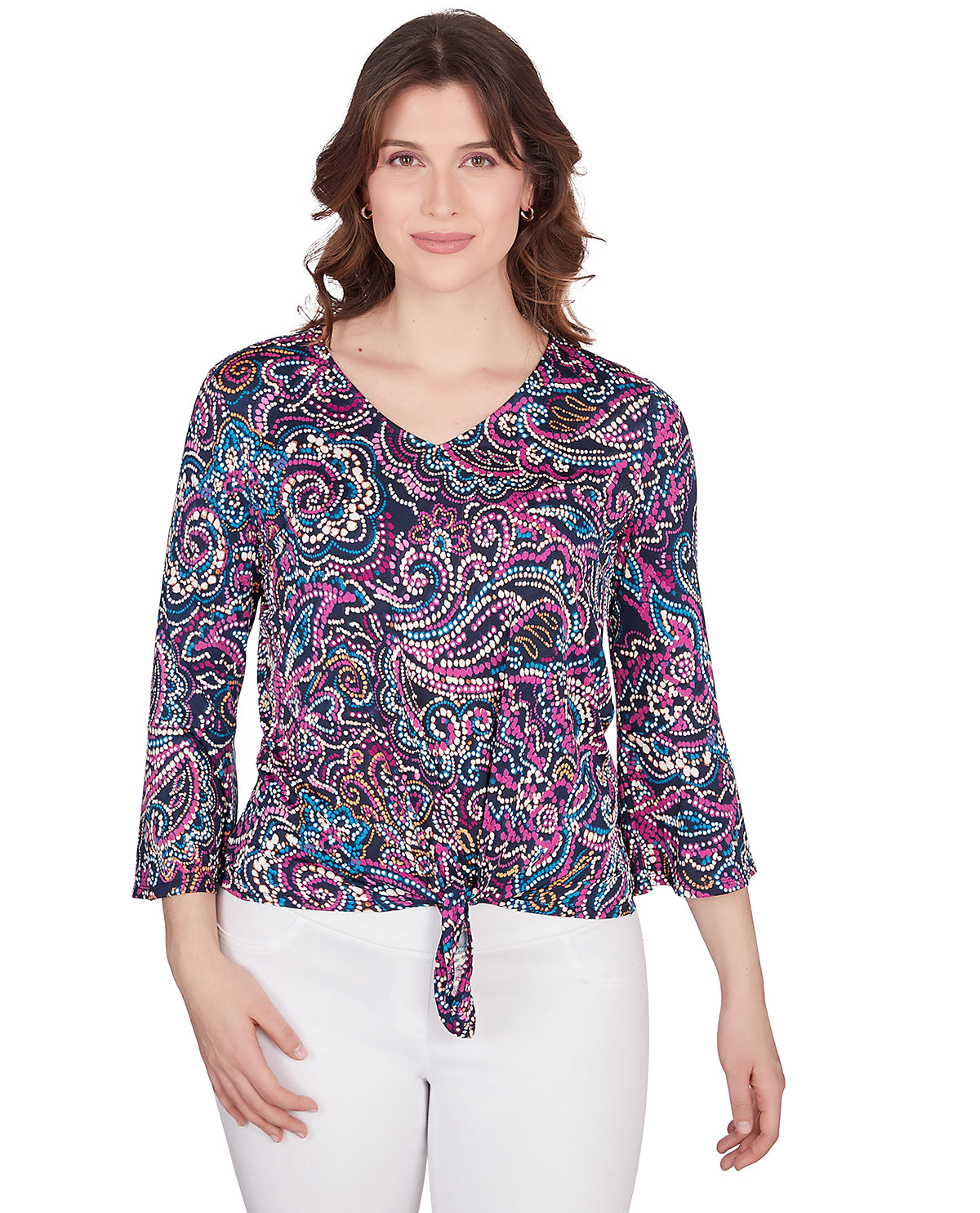 Ruby Road Missy Global Luxe 3/4 Sleeve Abstract Floral Knit Top