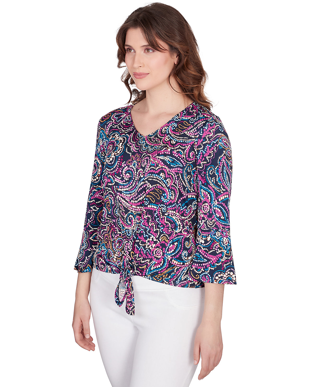 Ruby Road Missy Global Luxe 3/4 Sleeve Abstract Floral Knit Top