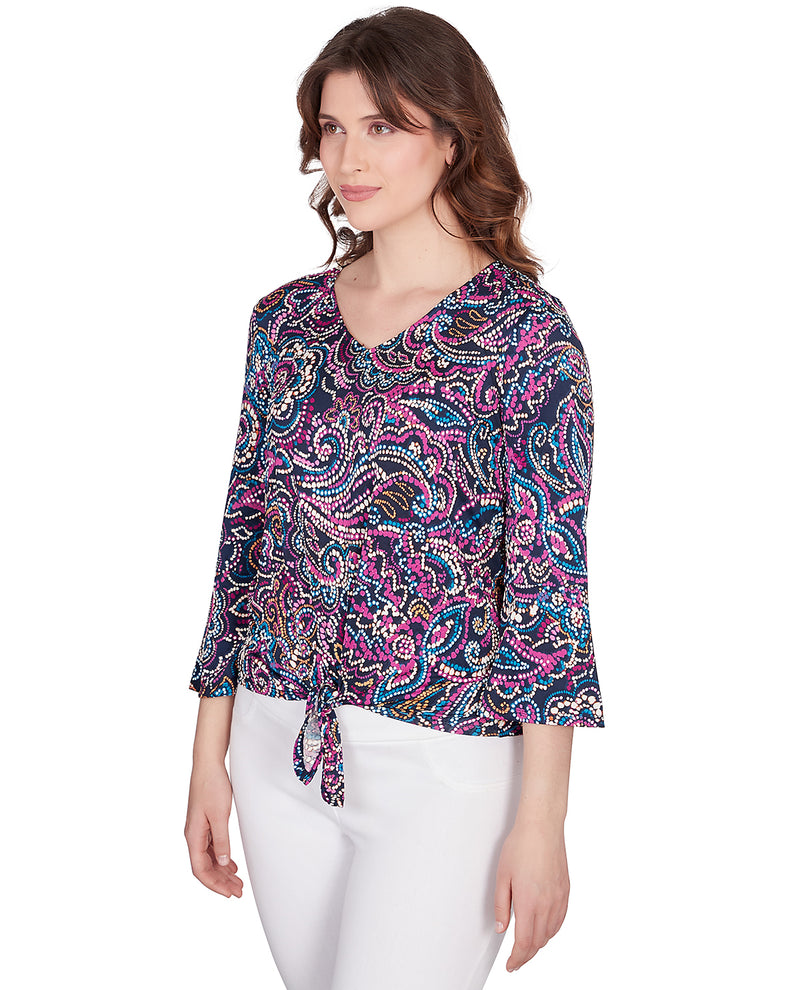 Ruby Road Missy Global Luxe 3/4 Sleeve Abstract Floral Knit Top