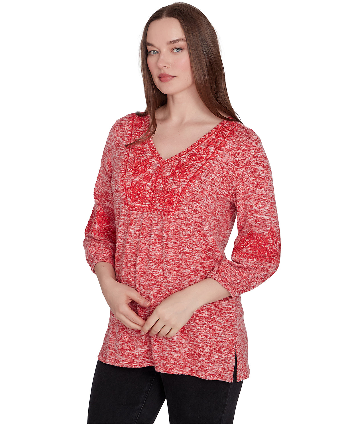 Ruby Road Missy Tapestry Traveler 3/4 Sleeve Embroidered V-Neck Top