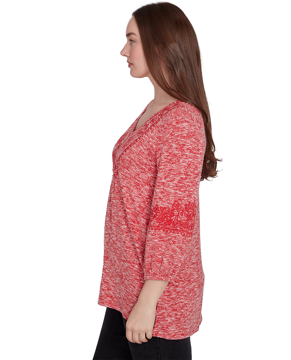 Ruby Road Missy Tapestry Traveler 3/4 Sleeve Embroidered V-Neck Top