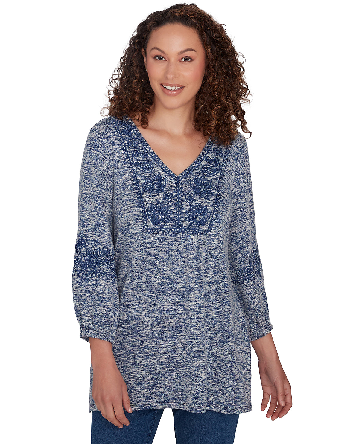 Ruby Road Missy Tapestry Traveler 3/4 Sleeve Embroidered V-Neck Top