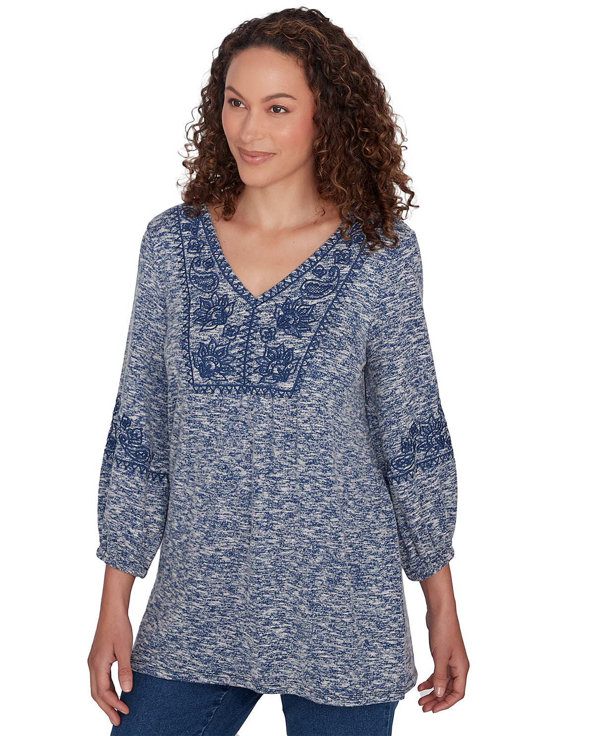 Ruby Road Missy Tapestry Traveler 3/4 Sleeve Embroidered V-Neck Top