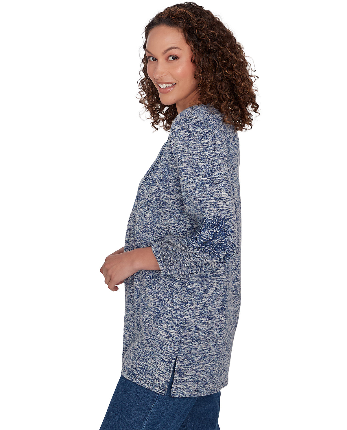 Ruby Road Missy Tapestry Traveler 3/4 Sleeve Embroidered V-Neck Top