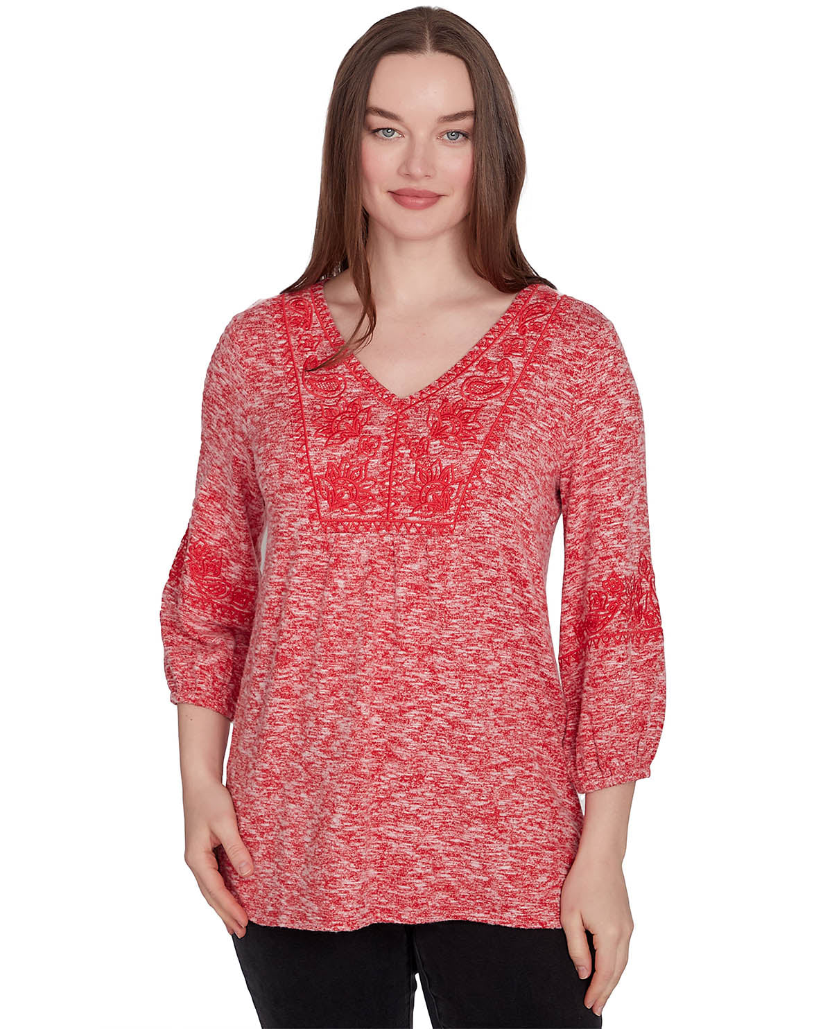 Ruby Road Missy Tapestry Traveler 3/4 Sleeve Embroidered V-Neck Top