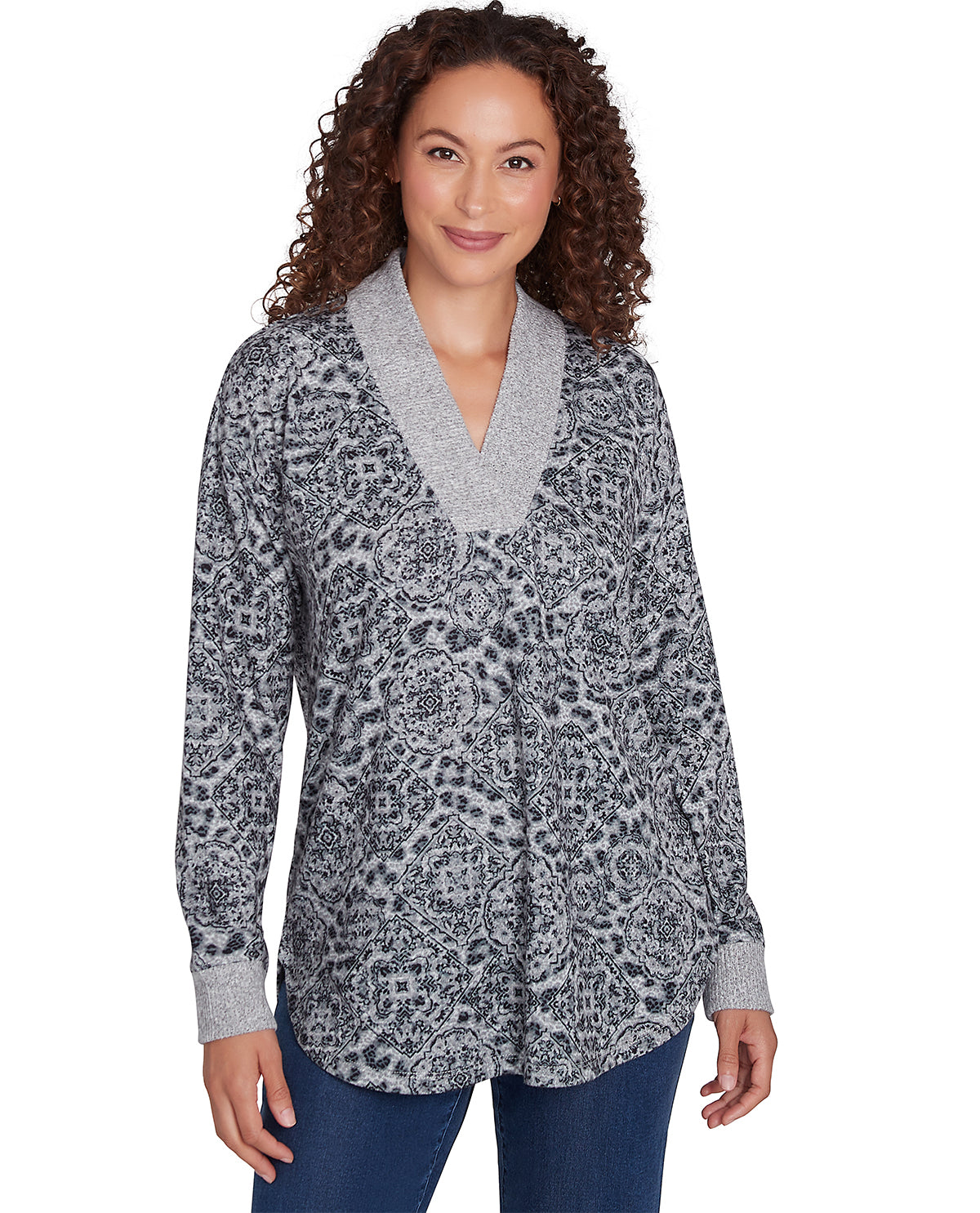 Ruby Road Missy Cozy Season Long Sleeve V-Neck Leopard Top