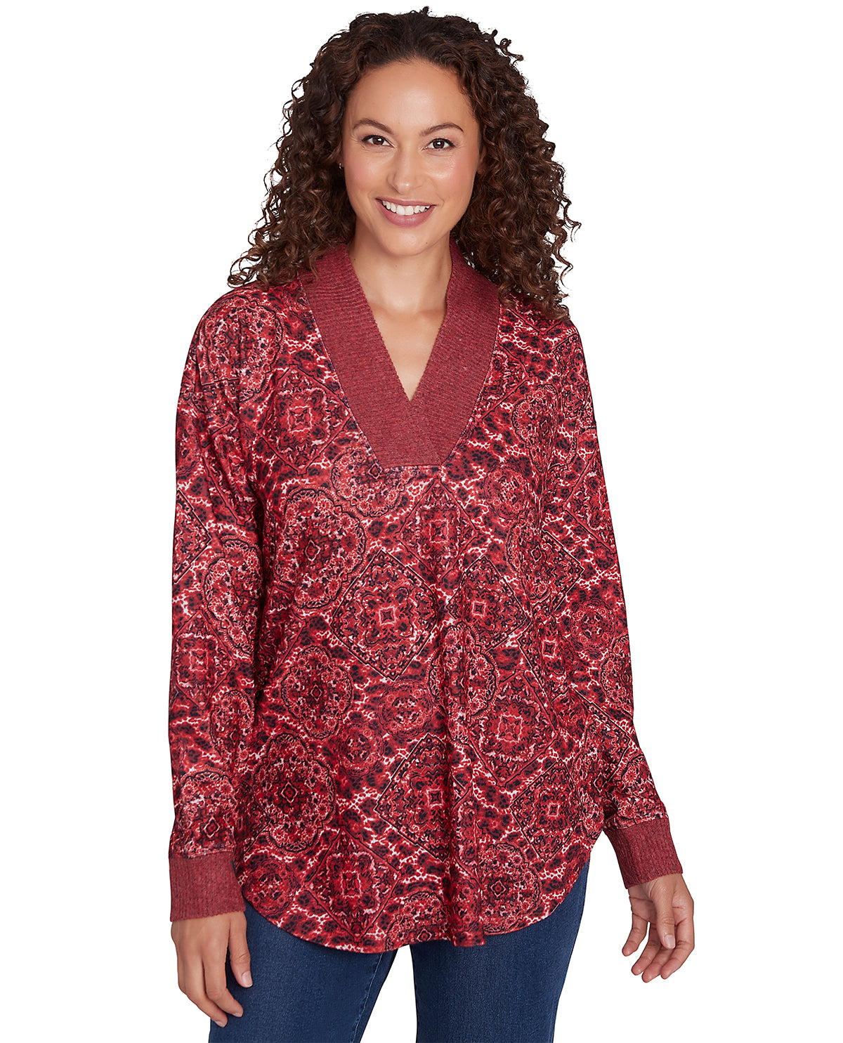 Ruby Road Missy Cozy Season Long Sleeve V-Neck Leopard Top