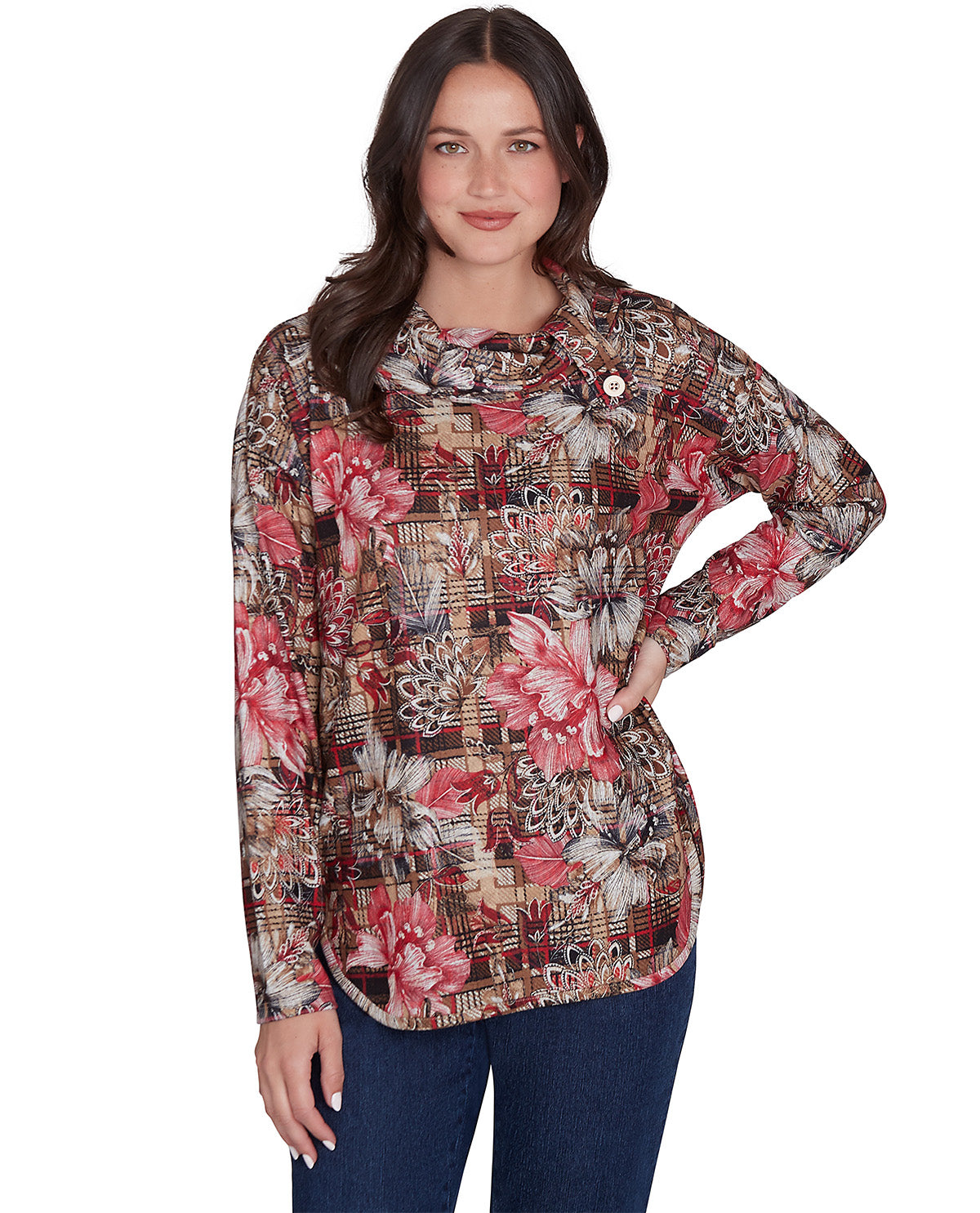 Ruby Road Missy Cozy Season Long Sleeve Floral Abstract Hatchi Top