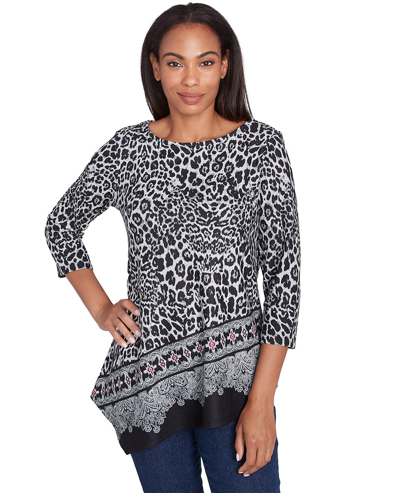 Ruby Road Missy Cozy Season Asymmetric Leopard Knit Top