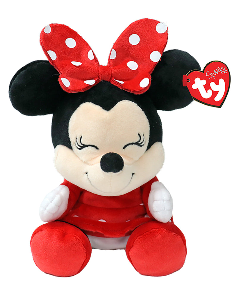 Ty Beanie plush Minnie Mouse toy with a red polka-dot bow, red dress, and a red Ty hangtag on a white background.