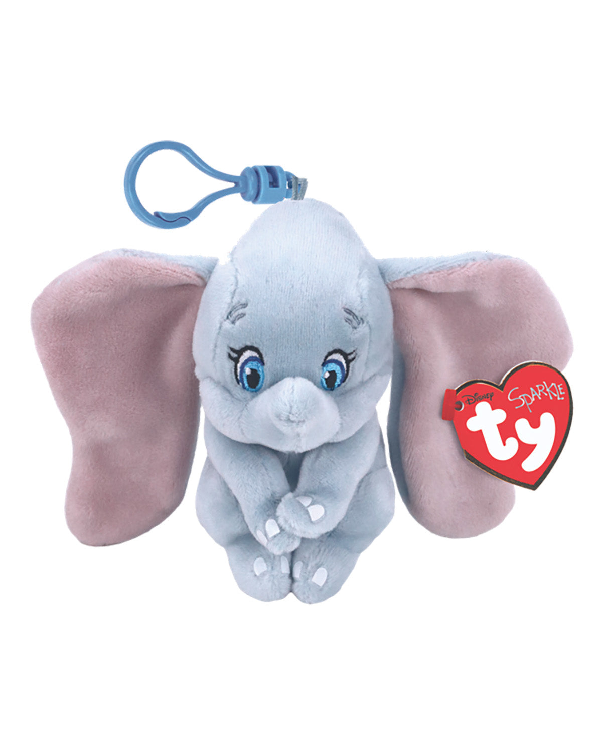 Ty Beanie plush Dumbo keychain featuring a light blue-gray stuffed elephant with large pink ears, blue eyes, and a blue plastic clip. A red heart-shaped Ty tag is attached on the right side.