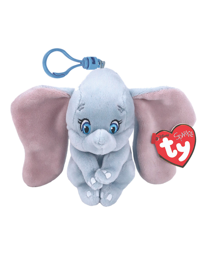 Ty Beanie plush Dumbo keychain featuring a light blue-gray stuffed elephant with large pink ears, blue eyes, and a blue plastic clip. A red heart-shaped Ty tag is attached on the right side.