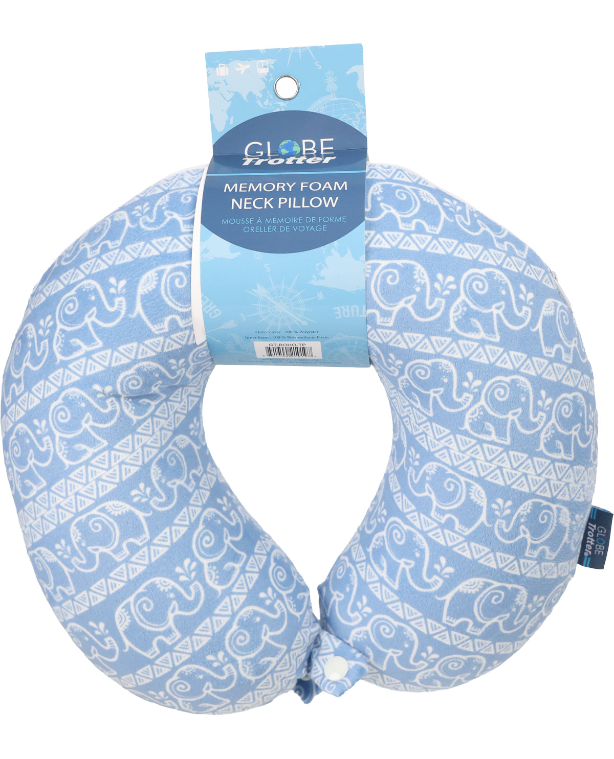 A light blue and white patterned memory foam neck pillow with a blue Globe brand hang tag, shown on a plain white background.